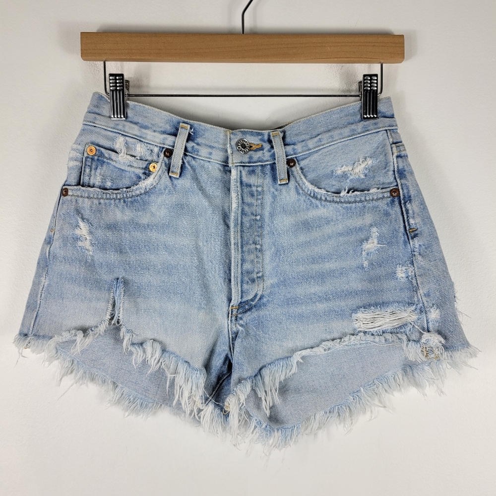 Agolde Distressed High Waist Frayed Hem Button Fly Denim Jean Shorts Parker